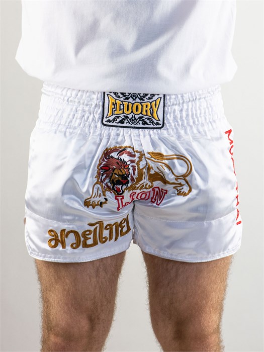 Шорты Муай-Тай Fluory Lion (белые) 8e1a30be-6b5e-11ee-0a80-0e42002728fb - фото 2435