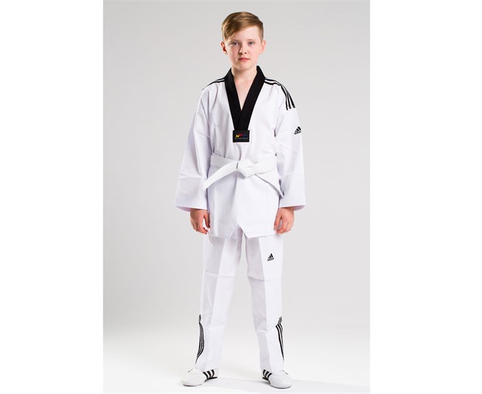 Добок для тхэквондо подростковый WTF Adi-Club 3 белый с черным воротником T01686 - фото 3077
