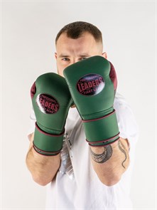 Перчатки боксерские LEADERS LS Long Velcro Custom кожа, зеленый/красный/черный 0c041bc1-9ff8-11ee-0a80-1377000eea33
